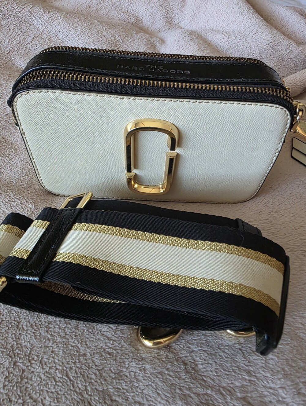 Marc Jacobs Black, White and Gold Camera Crossbody Bag with Striped Strap